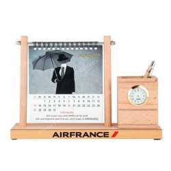Wooden Table Top Pen Holder with Clock and Calendar 