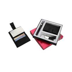 Set of 3:  Pu Hut Shape with Pu strip  Keychain, 3 in 1 wallet & Metal Look pen