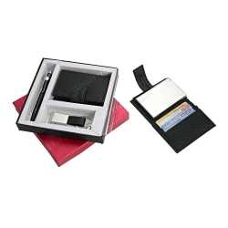 Set of 3 : Metal Opener with Pu strip  Keychain, 3 in 1 wallet & Metal Look pen